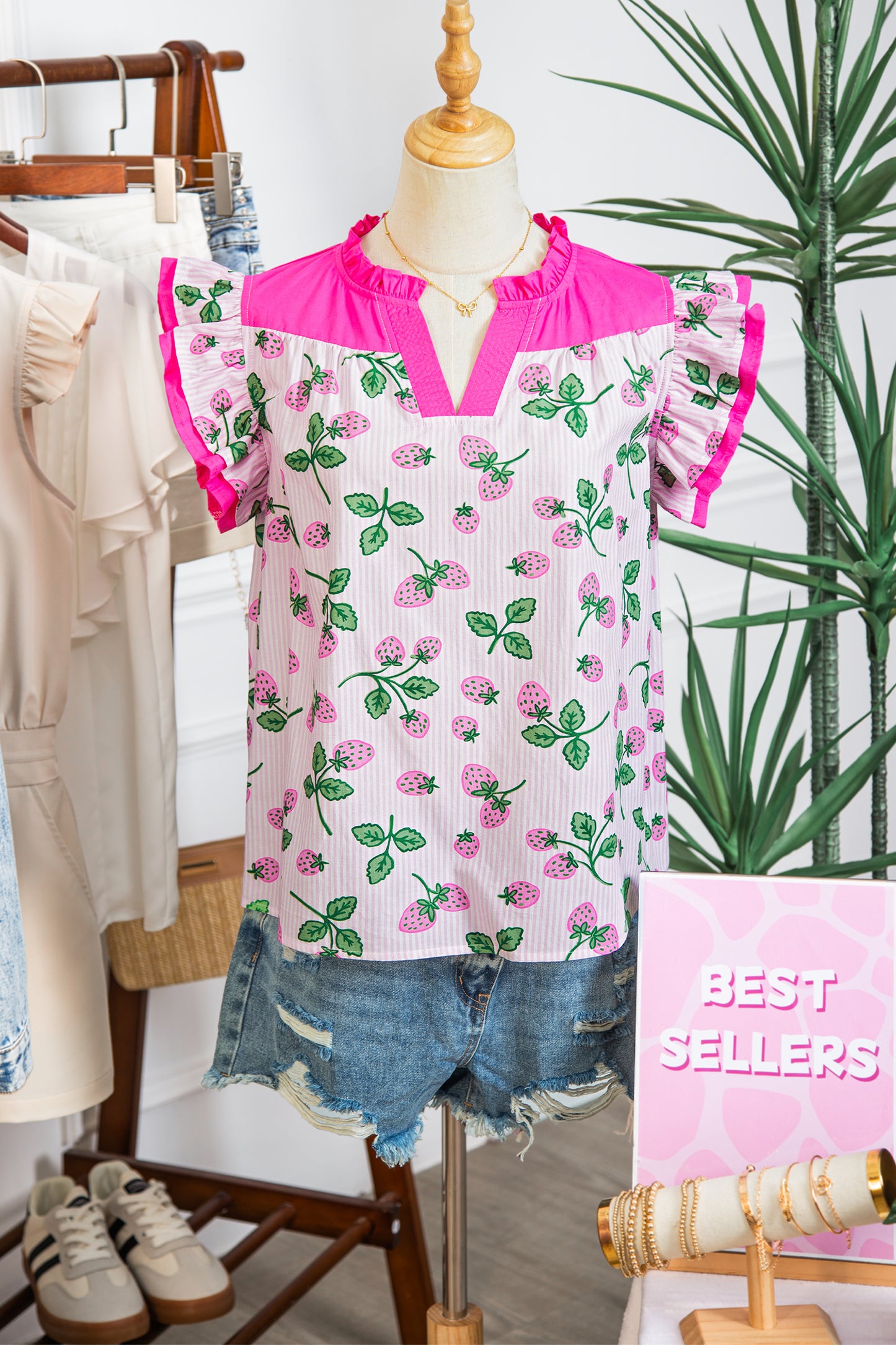 Strawberries and Stripes Flutter Sleeve Blouse