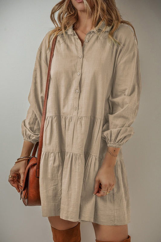 Tan Pleated Shirt Mini Dress
