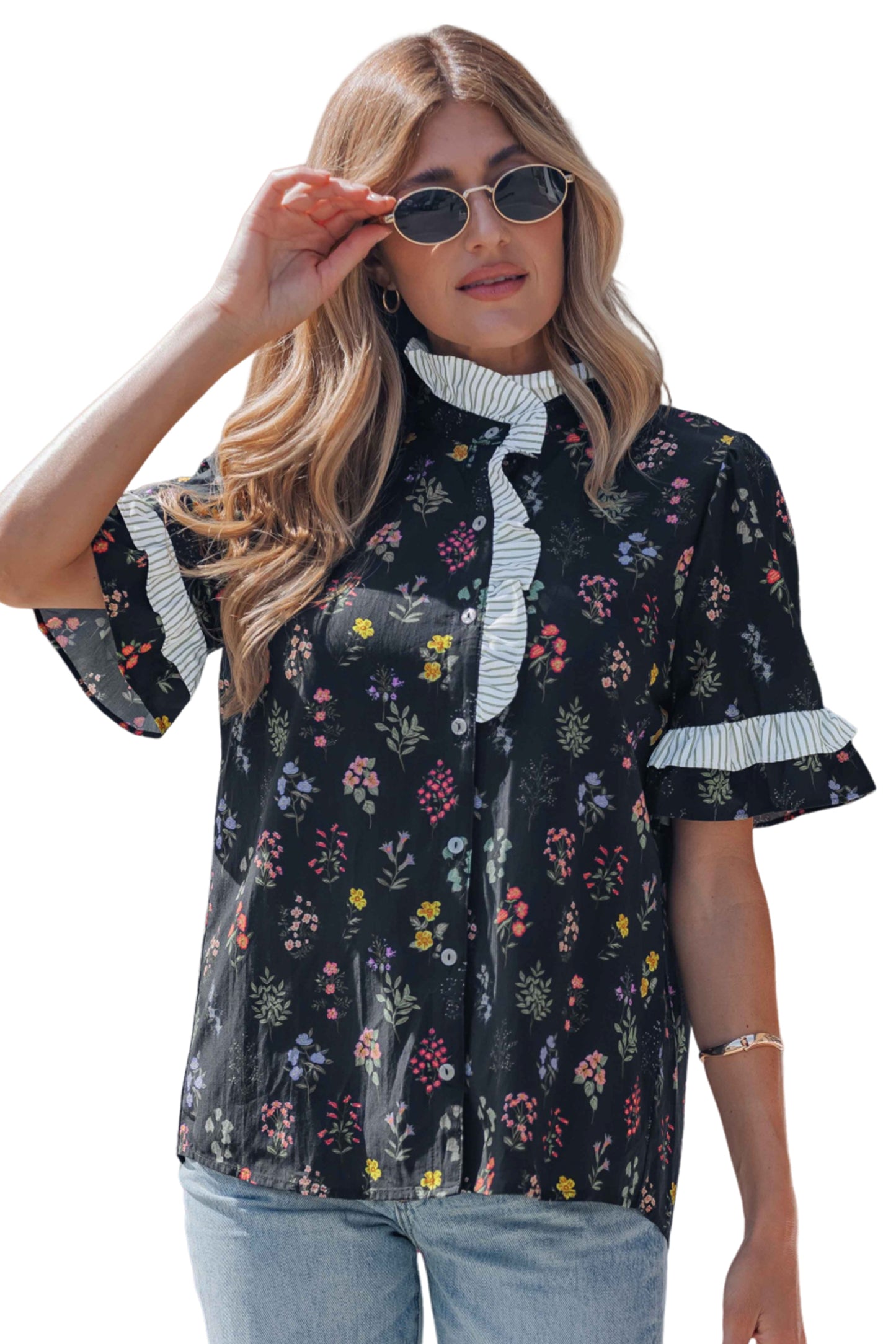 Frilled Trim Floral Blouse