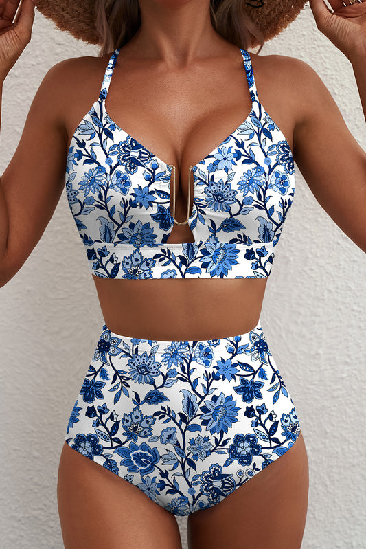 Blue Floral High Waist Bikini Set