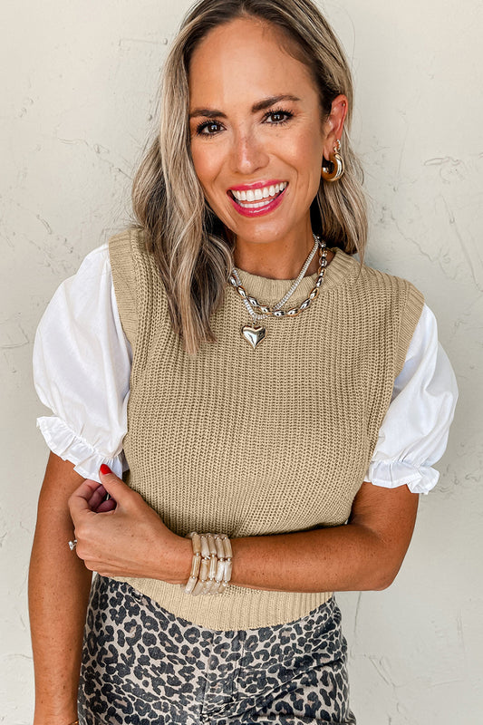 French Beige Sweater Top with Knit Sleeve
