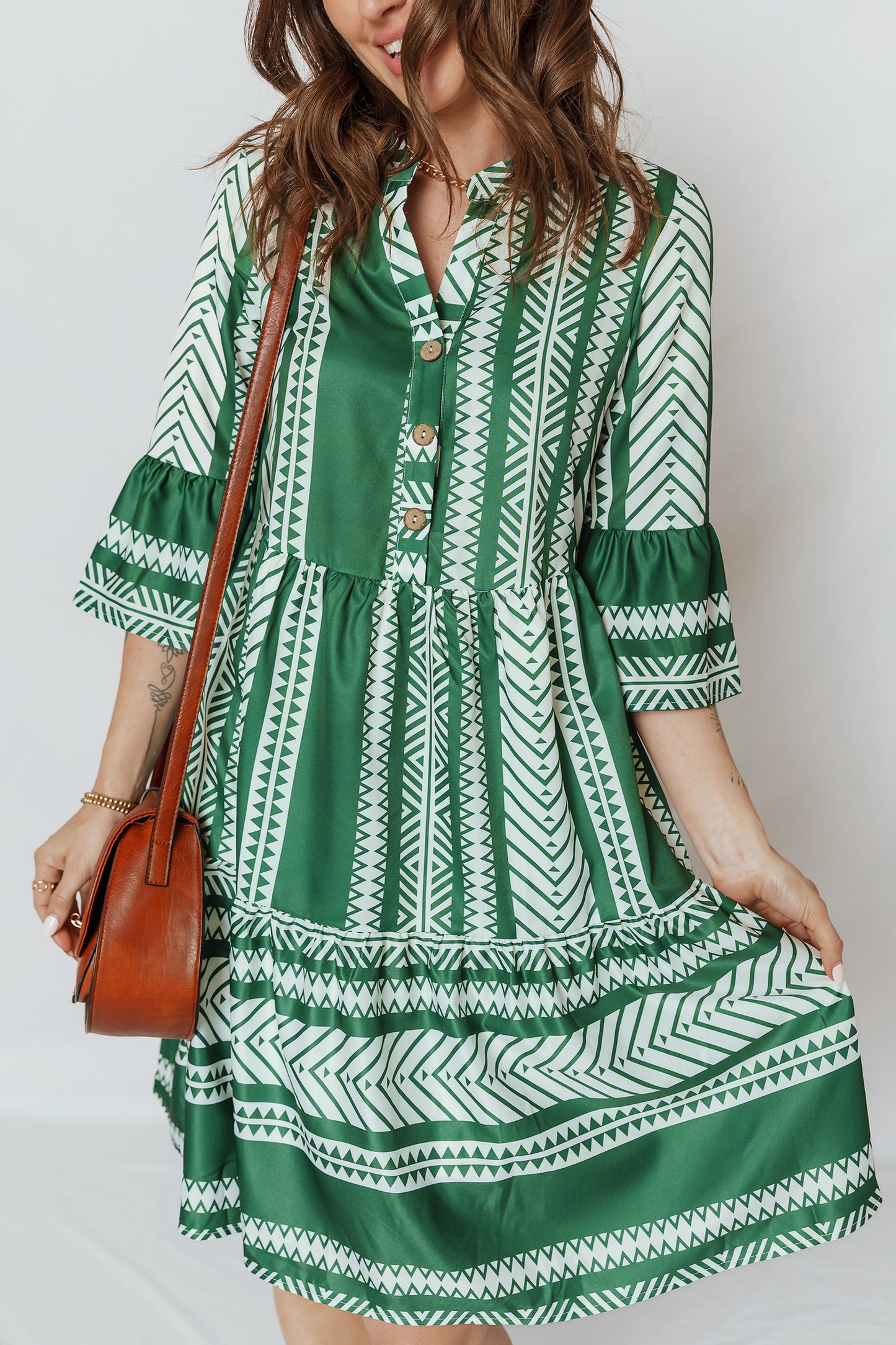 Green Boho 3/4 Sleeve Dress