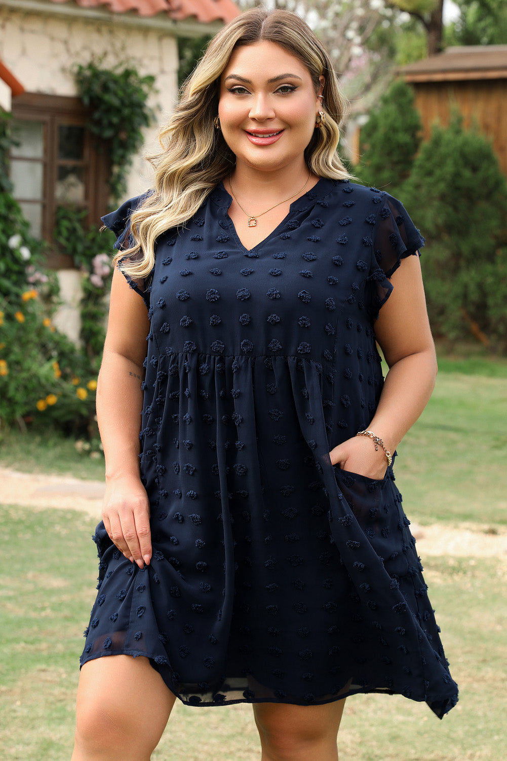 Navy Dot Plus Size Ruffled Dress