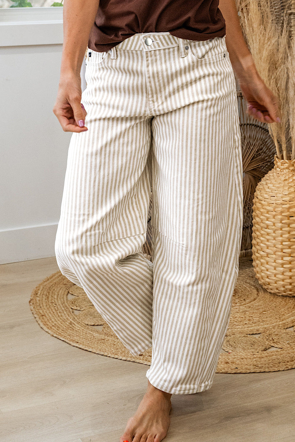 Khaki Stripe Casual Barrel Jeans