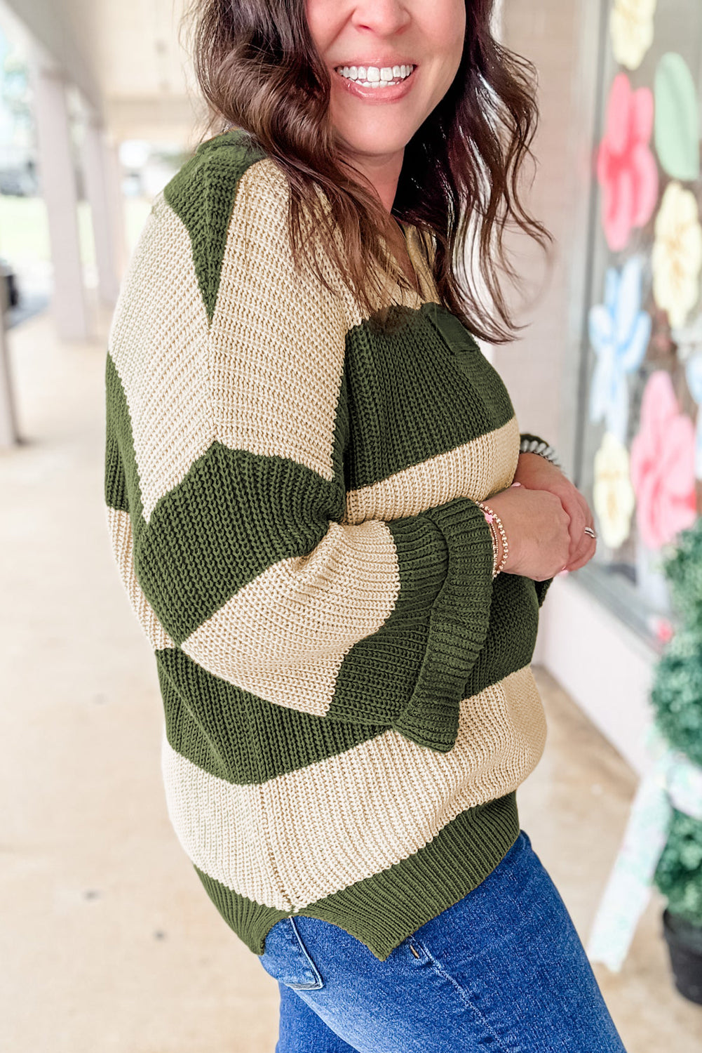 Green Stripe Colorblock Plus Size Sweater