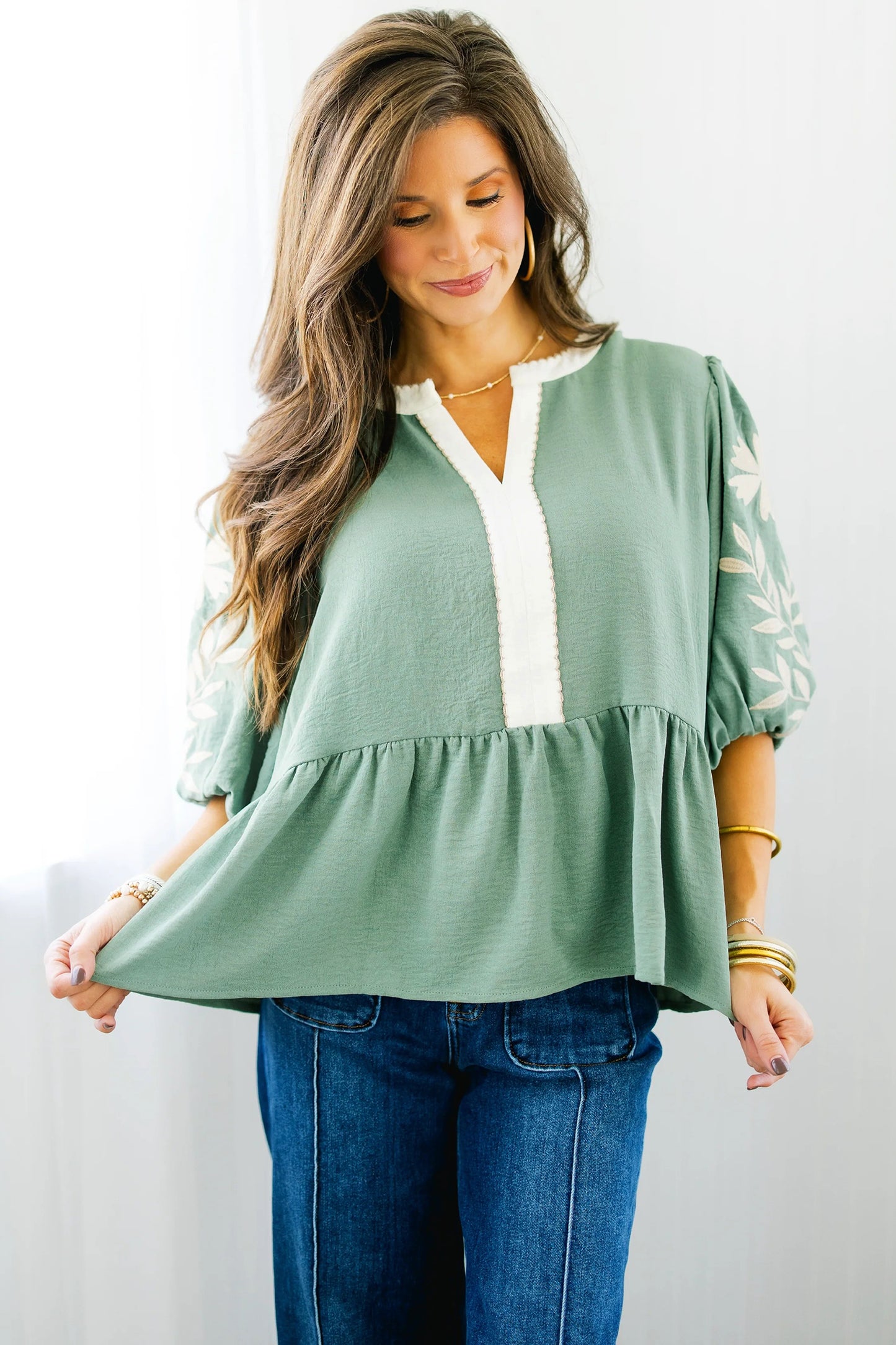 Embroidered Puff Sleeve Babydoll Blouse