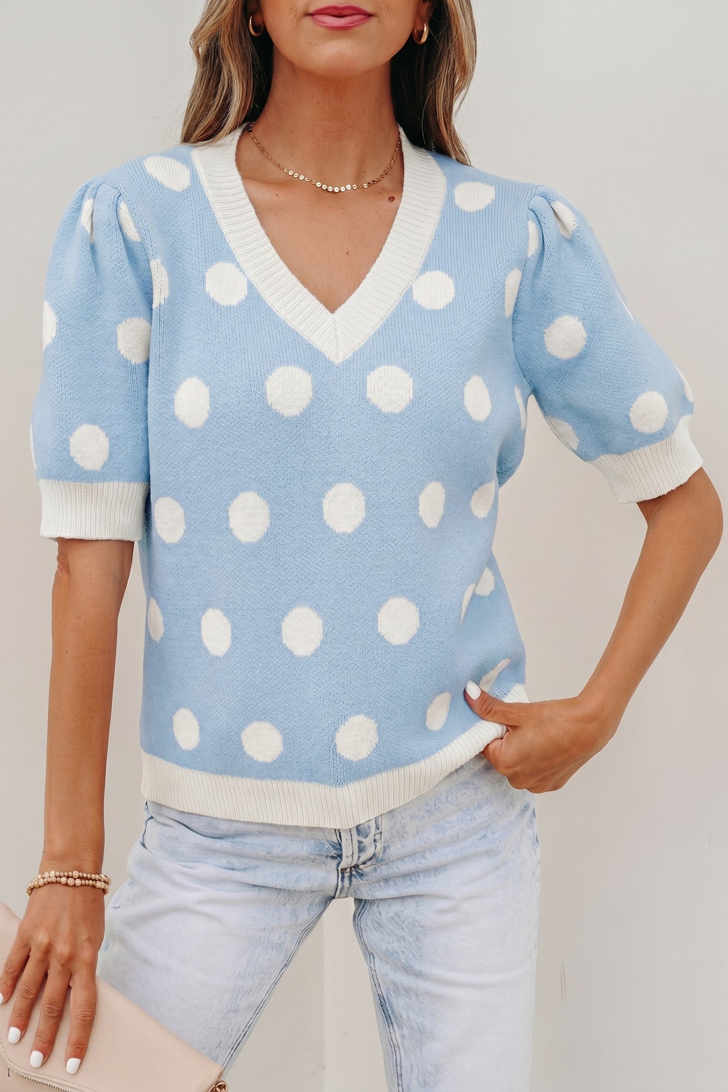 Polka Dot Puff Short Sleeve Sweater
