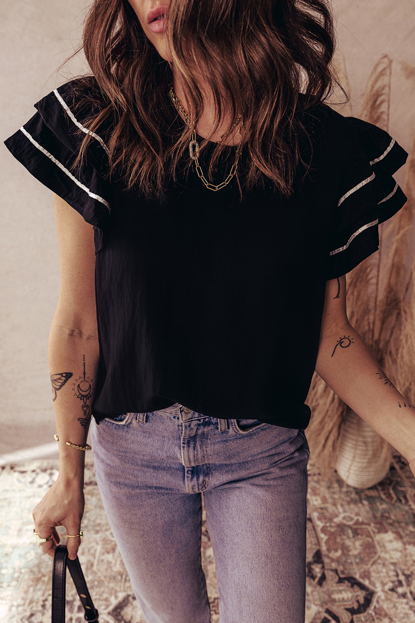 Contrast Trim Ruffle Sleeve Blouse