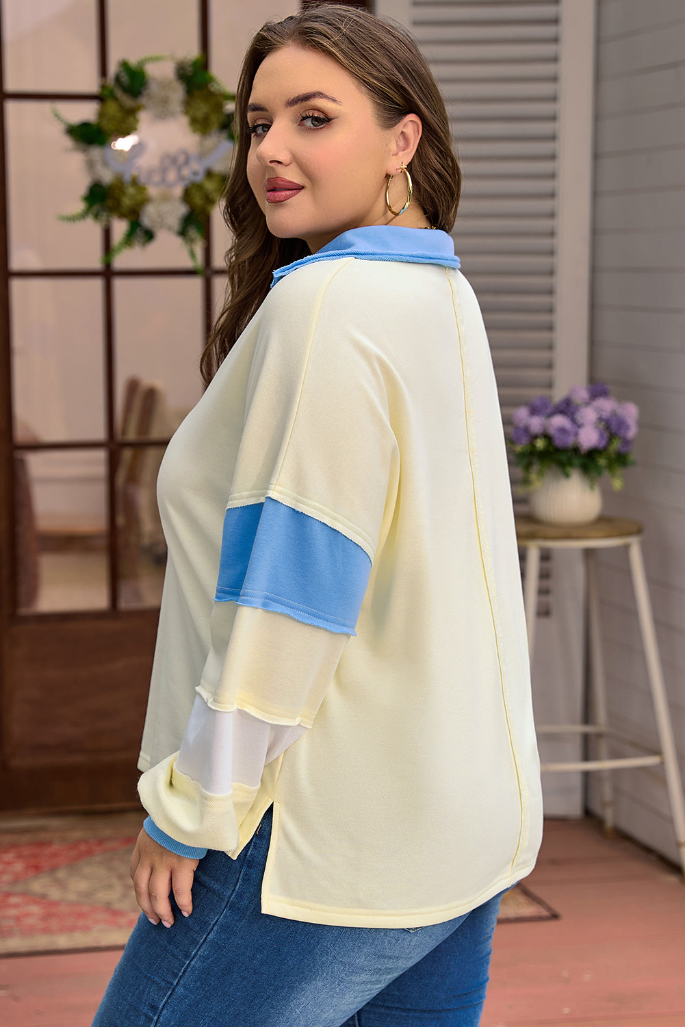 Blue & Cream Raw Seam Plus Size Pullover