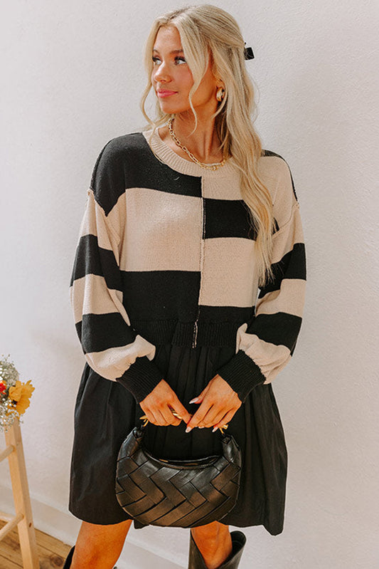 Knit Sweater Dress in Black/White Colorblock