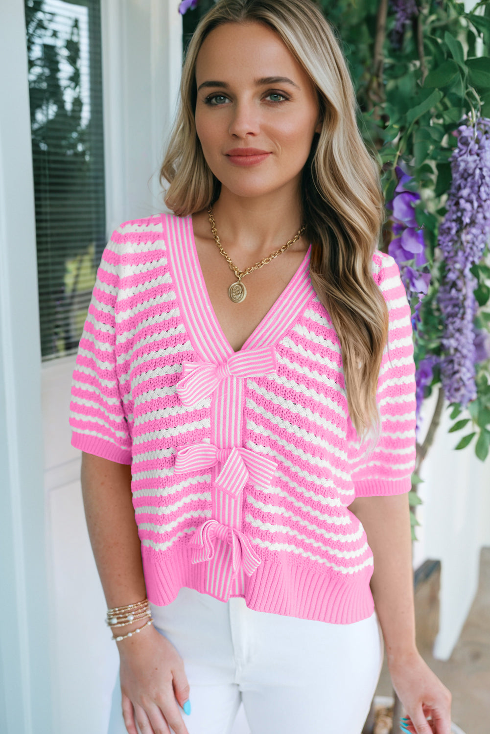 Bows and Stripes V-Neck Sweater