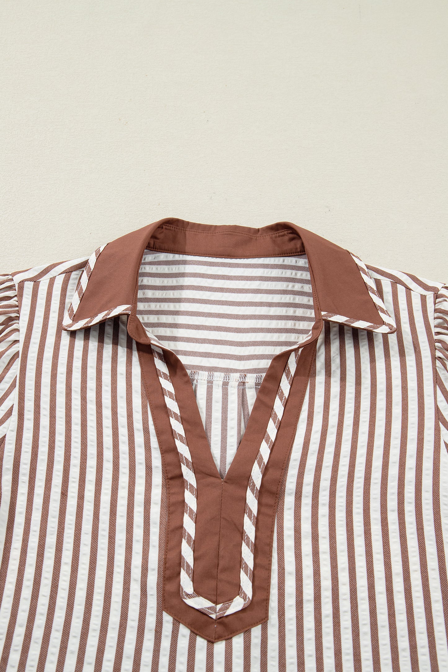 Khaki Striped Bubble Sleeve Blouse