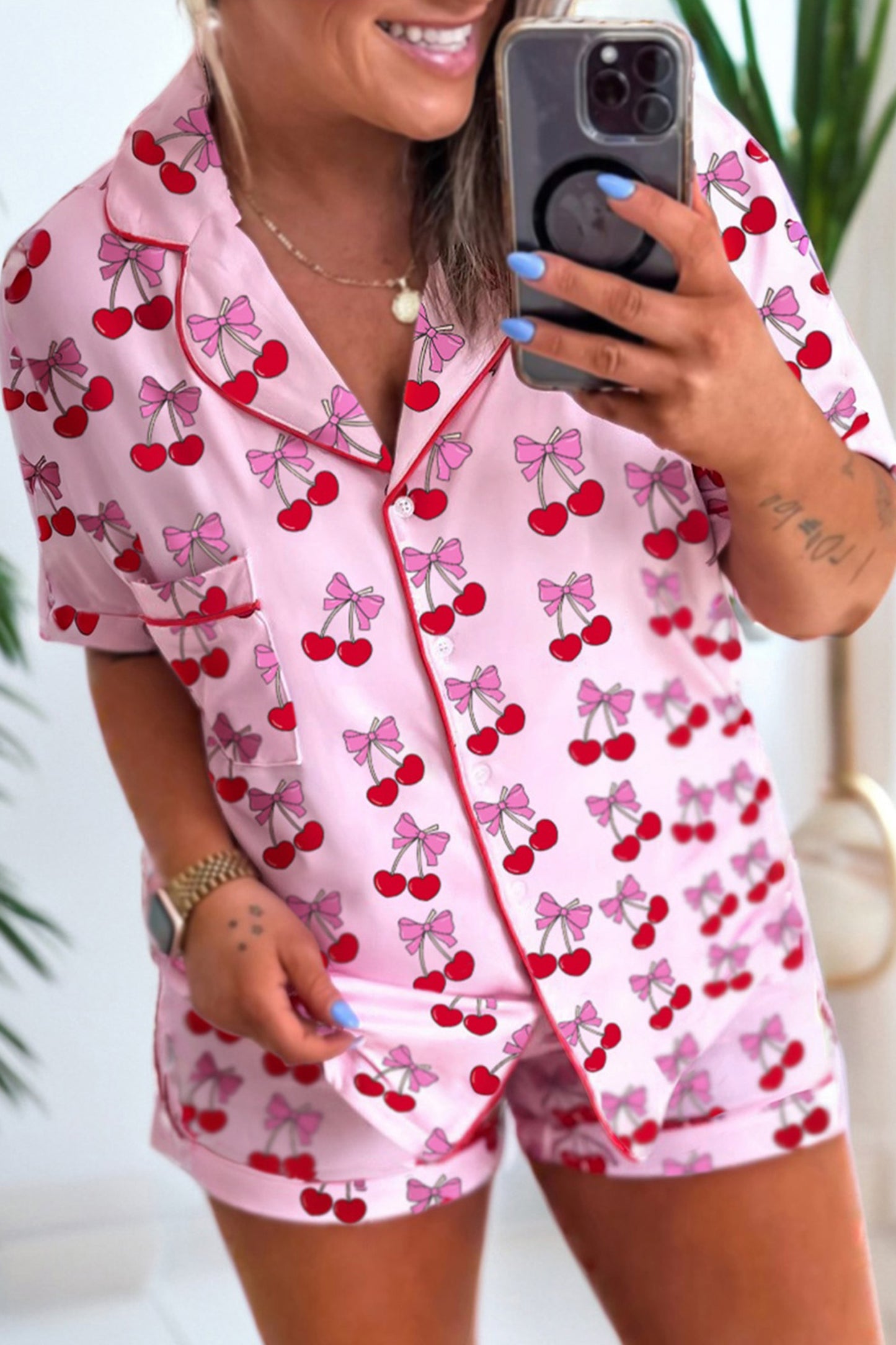 2pc Pajama Set in Blue Bows or Cherries on Pink