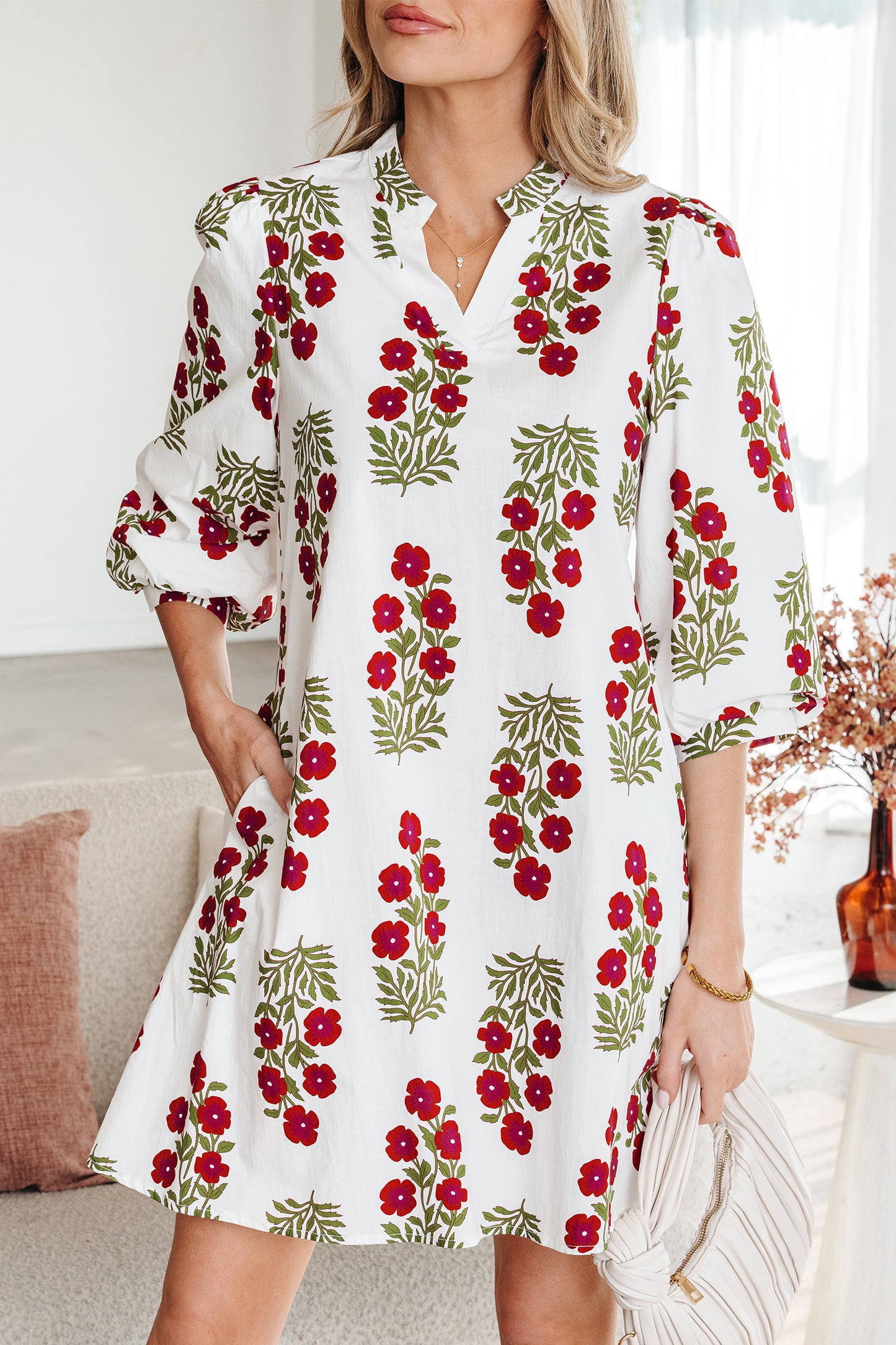 Floral Print V-Neck Mini Dress