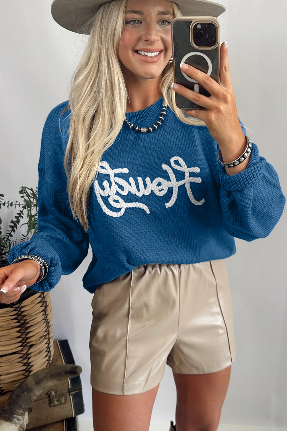 Dusk Blue Howdy Embroidered Sweater