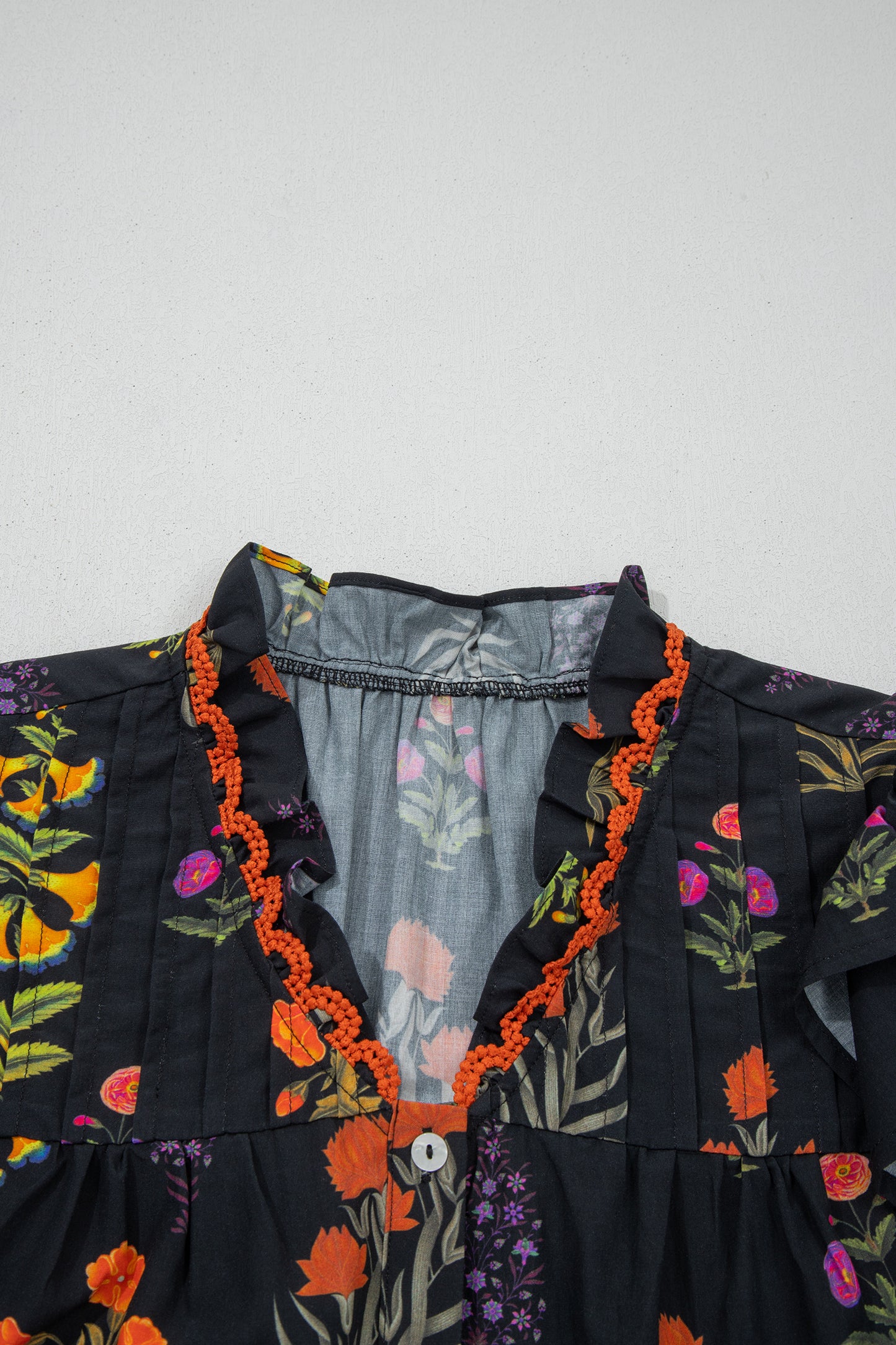 Black Floral Print V Neck Blouse