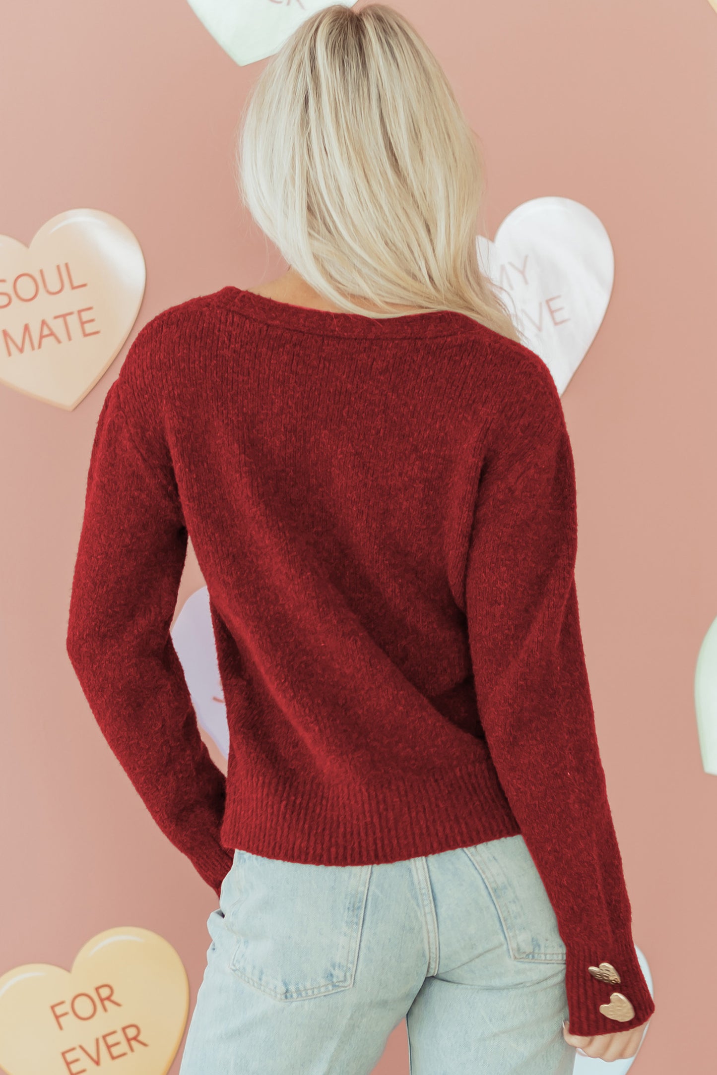 Fiery Red Heart Button Cardigan Sweater