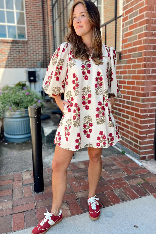 Floral Print V-Neck Mini Dress