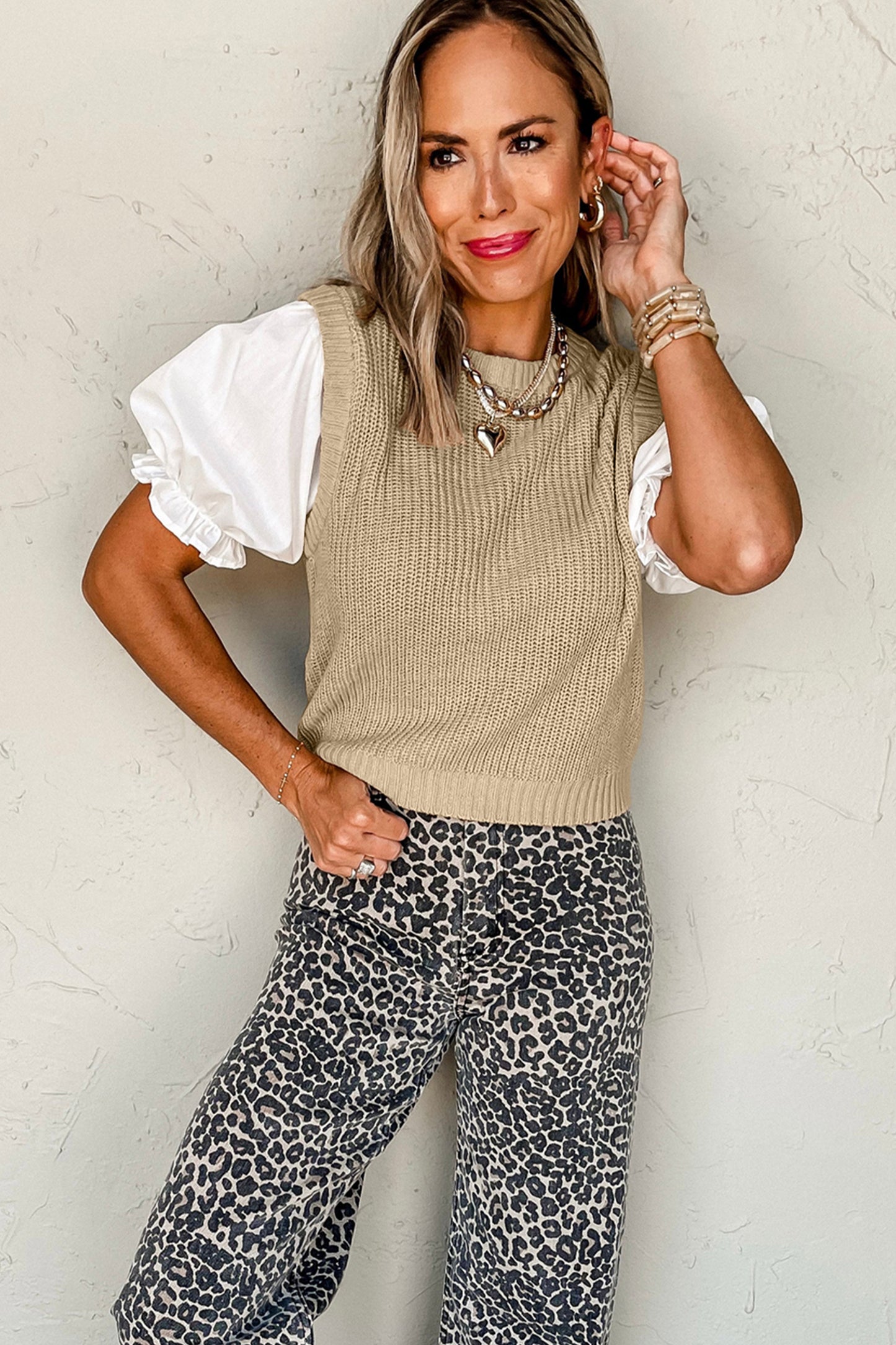 French Beige Sweater Top with Knit Sleeve