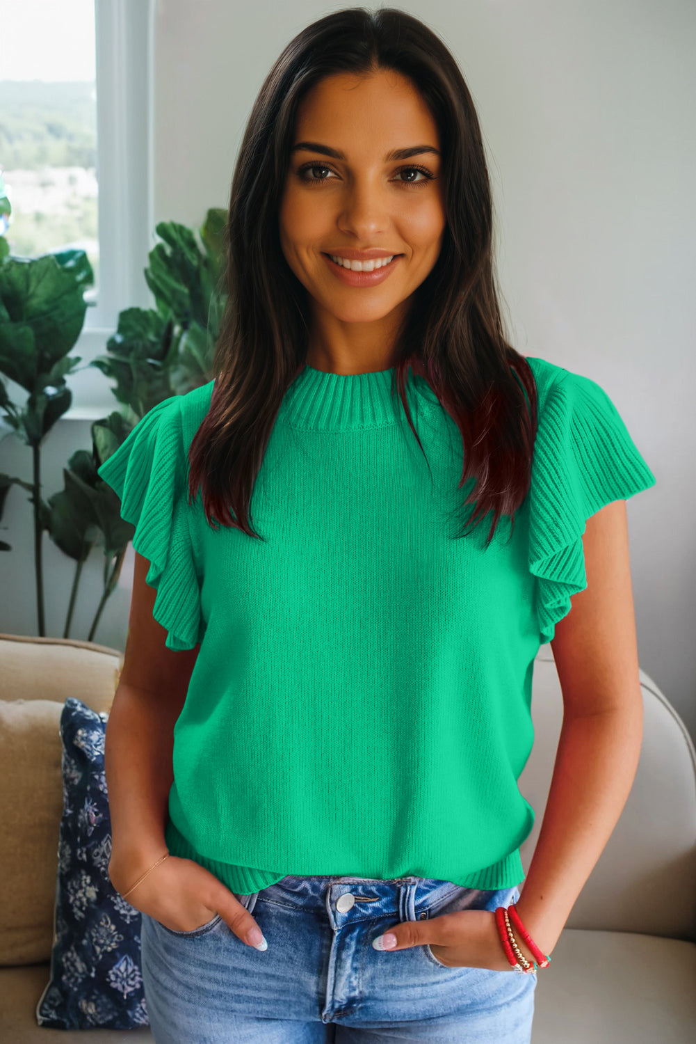 Ribbed Ruffle Sleeve Sweater