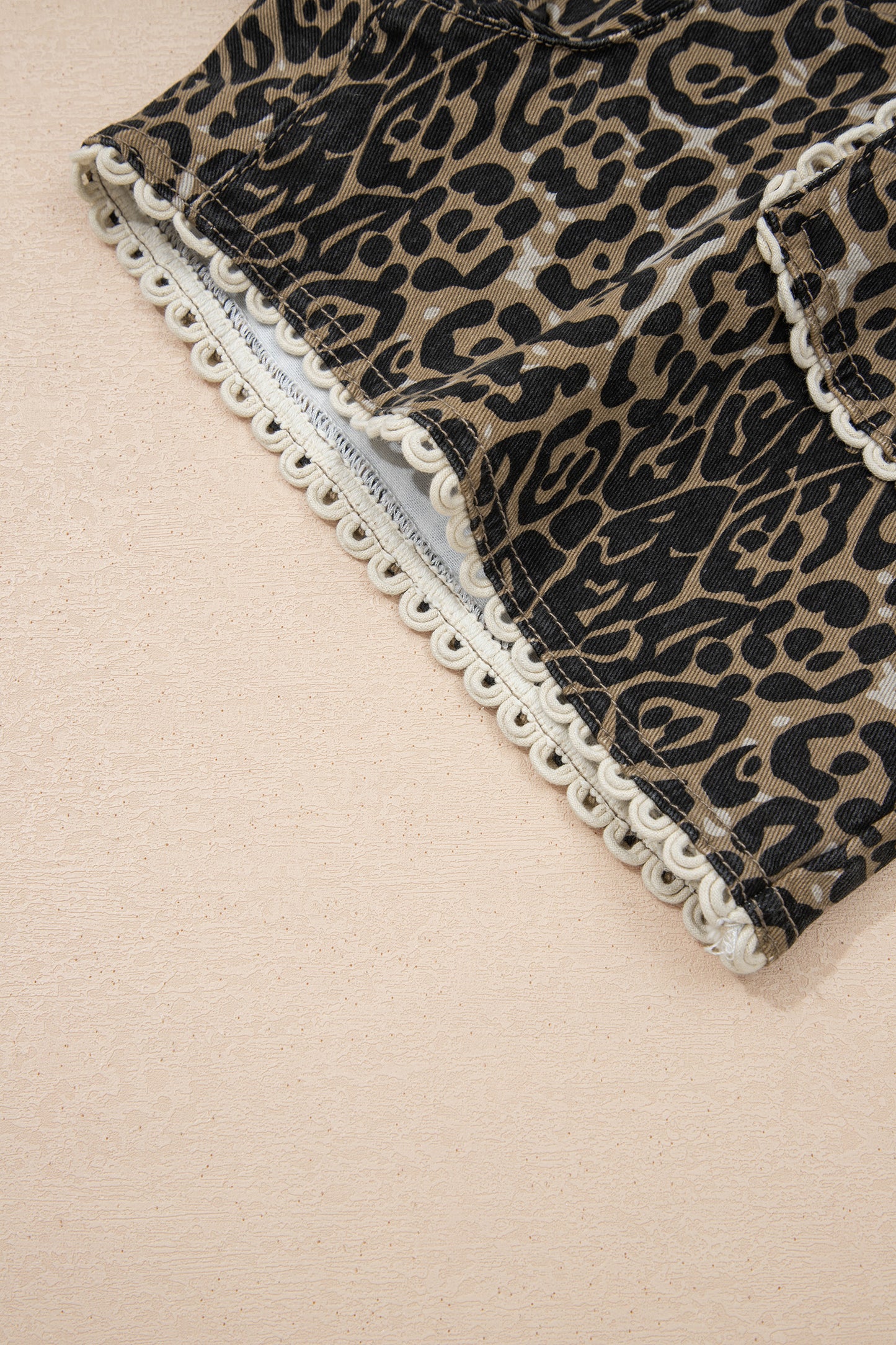 Scalloped Leopard Denim Shorts