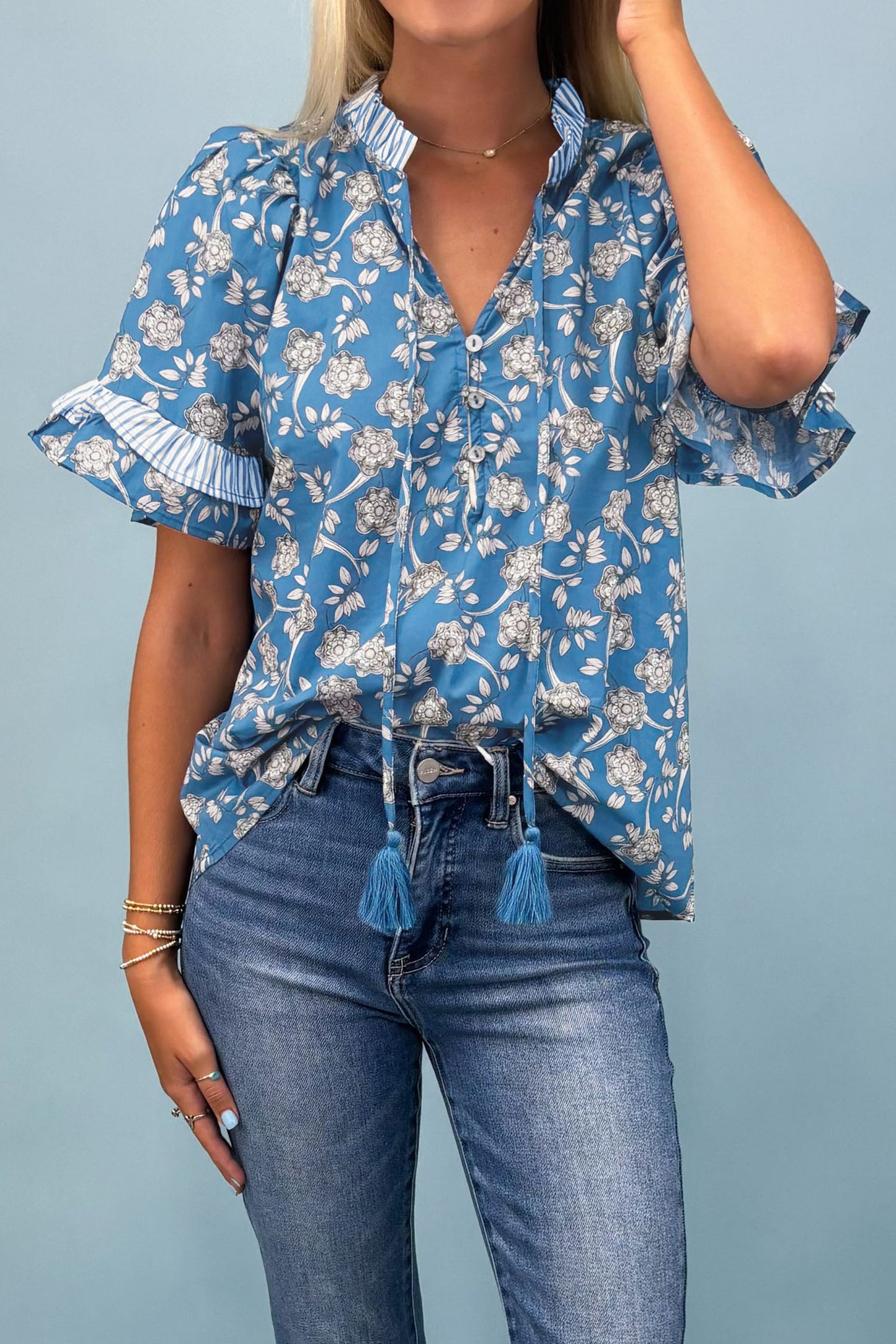 Blue Floral Short Sleeve Blouse