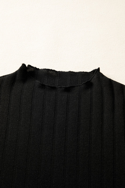 Black Frilled Neck Ribbed Knit Mini Dress