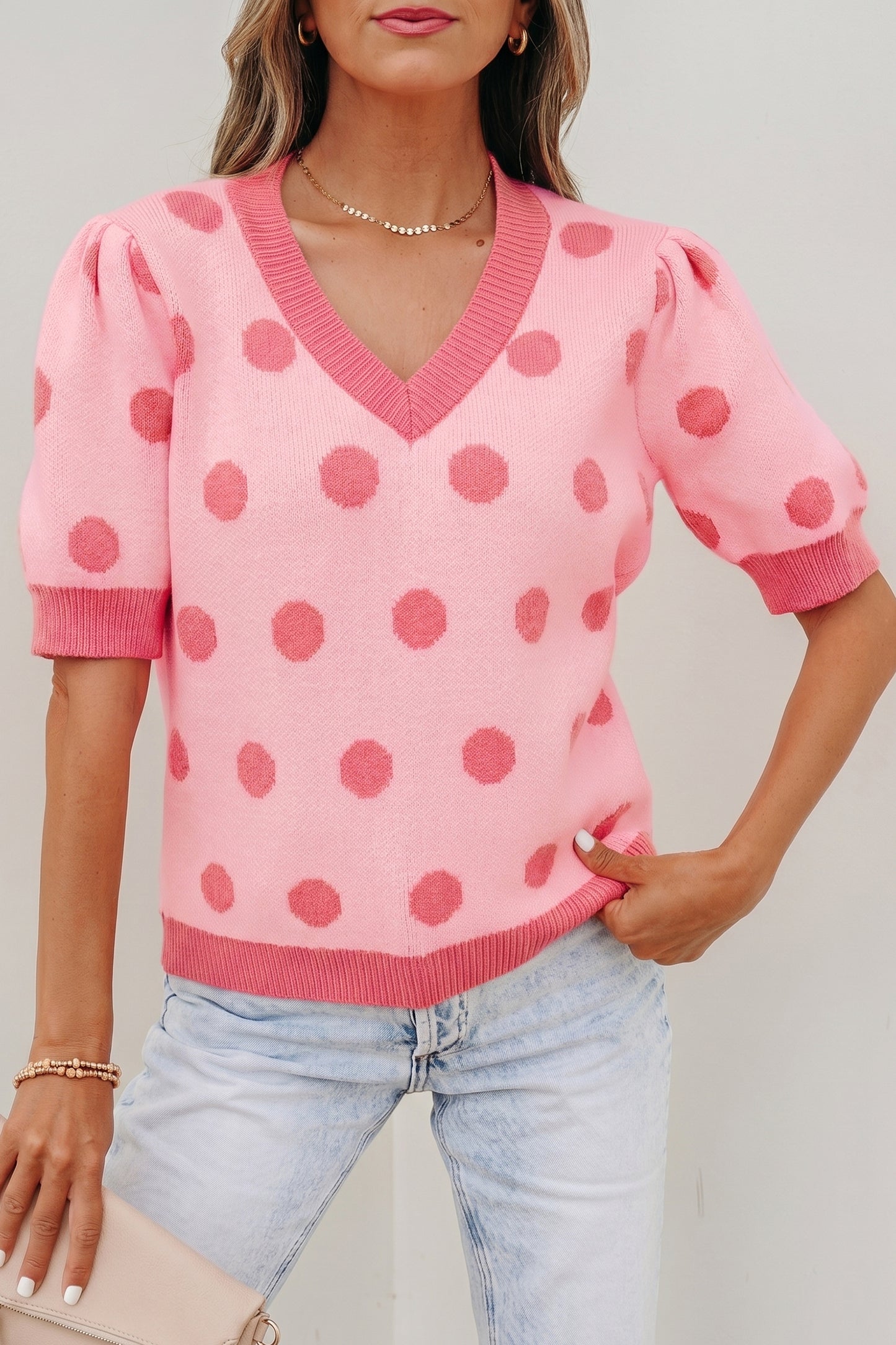 Polka Dot Puff Short Sleeve Sweater