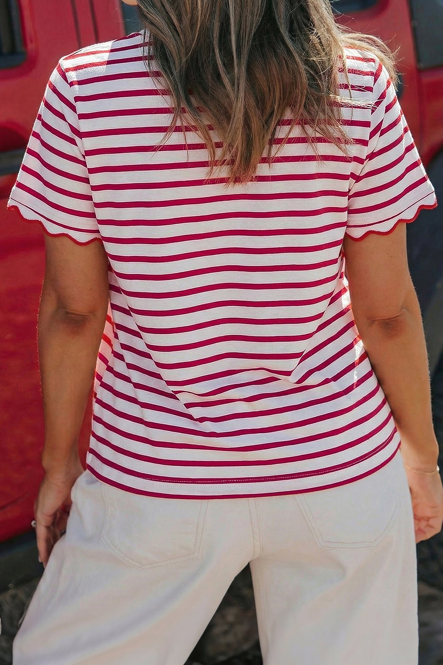 Red Stripe Scalloped Trim Tee