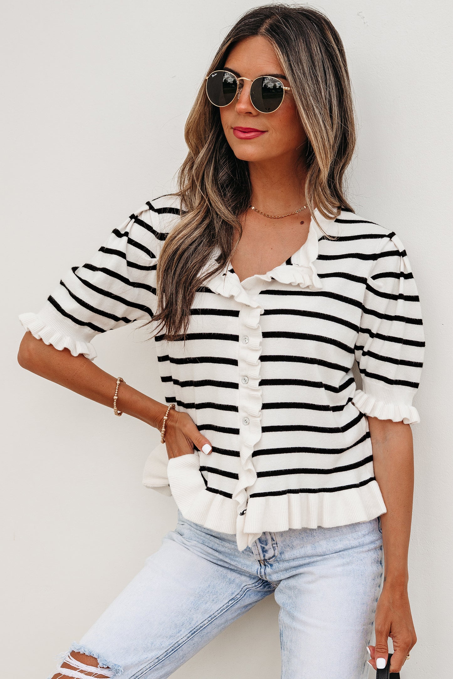 Beige Ruffle Trim Sweater Cardigan