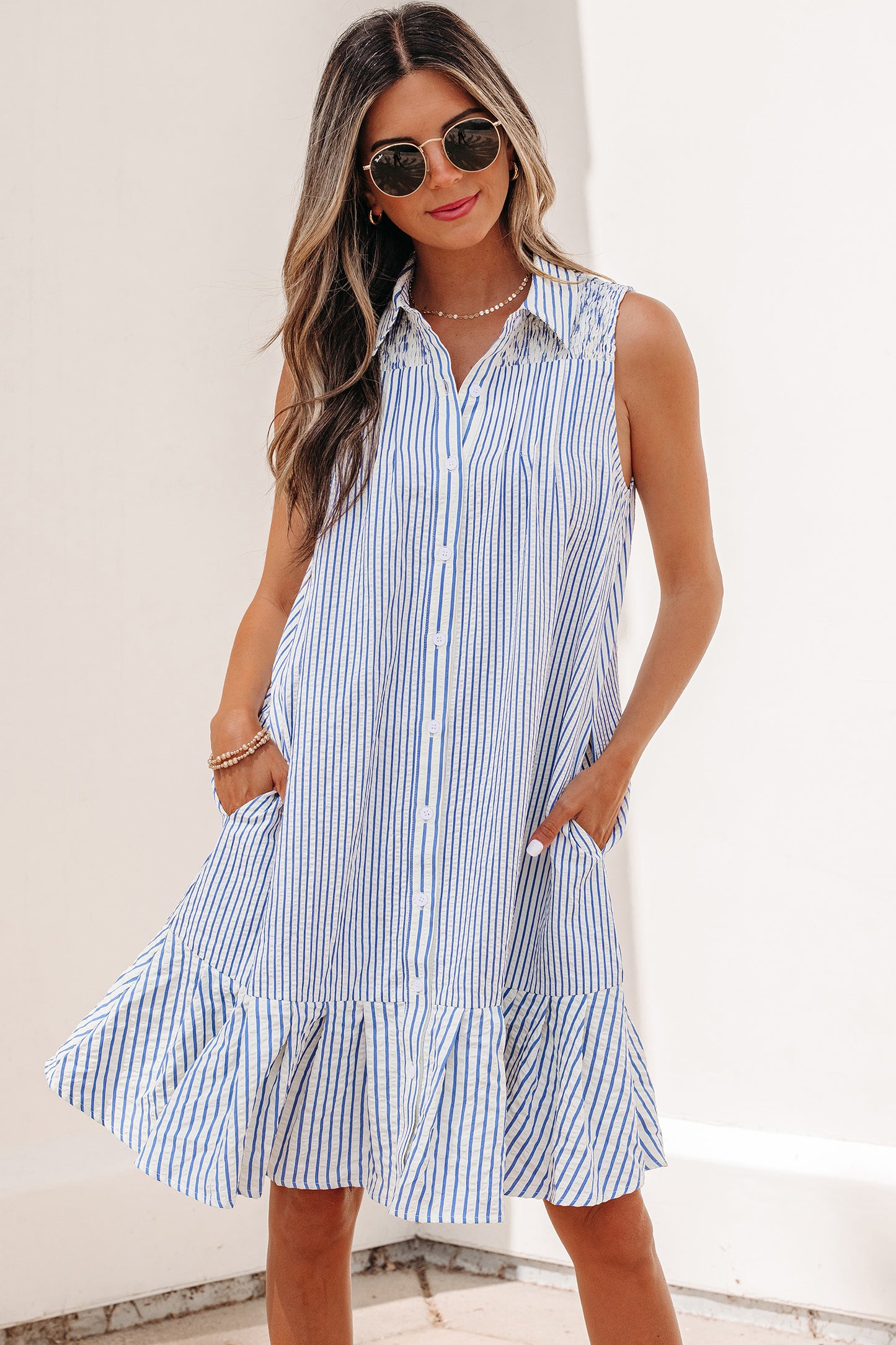 Sea Stripes Ruffle Hem Shirt Dress