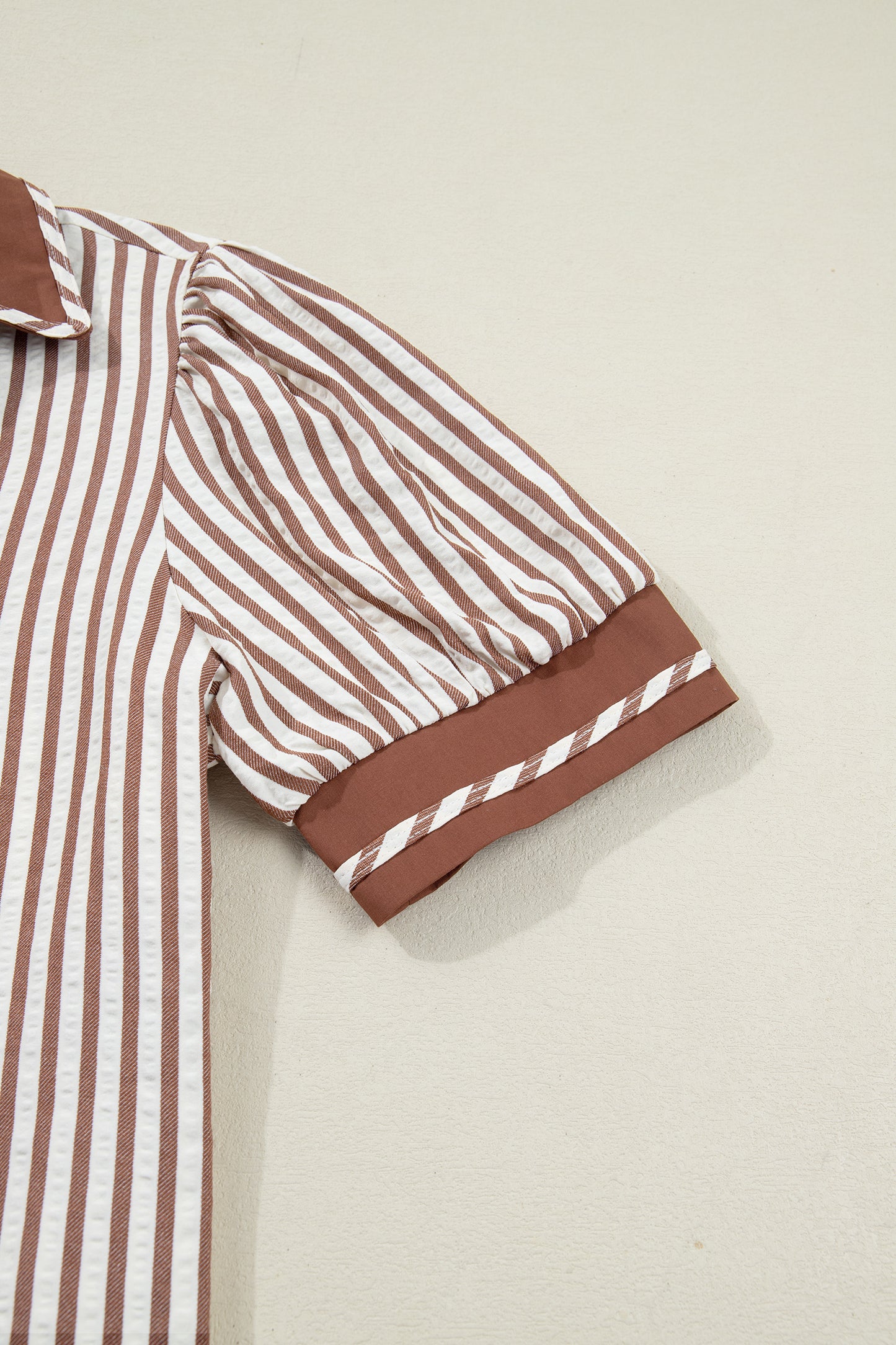 Khaki Striped Bubble Sleeve Blouse