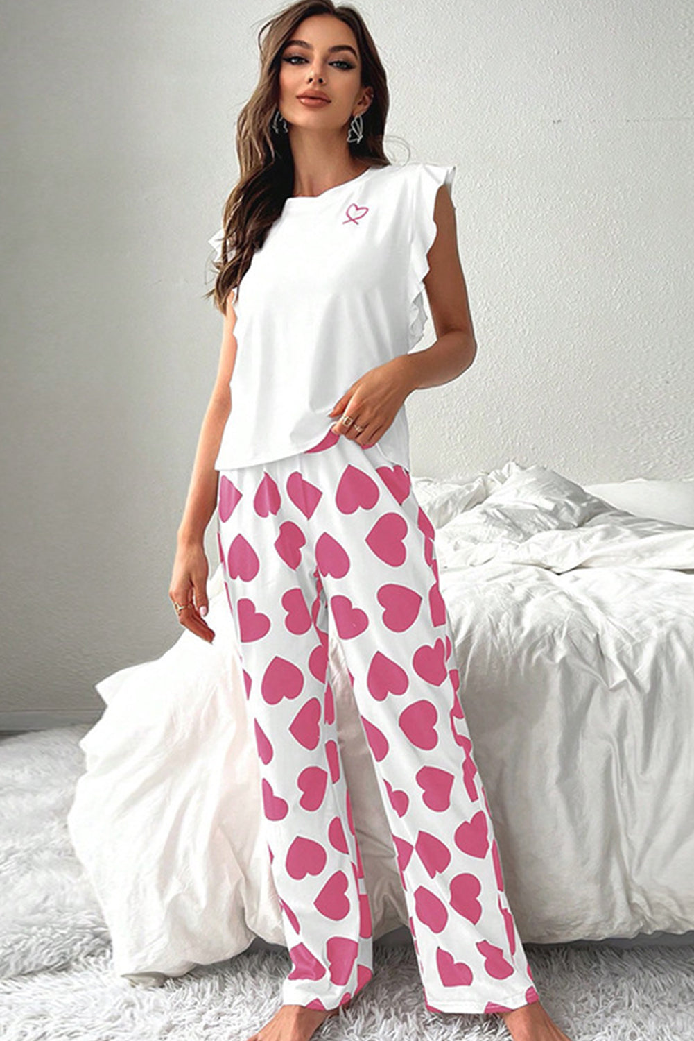 Ruffled Tank and Heart Print Pants Lounge Set