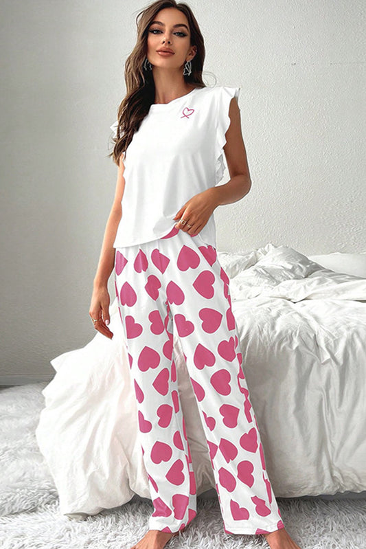 Ruffled Tank and Heart Print Pants Lounge Set