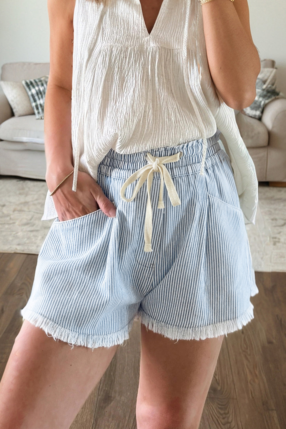 Striped Raw Edge Denim Shorts