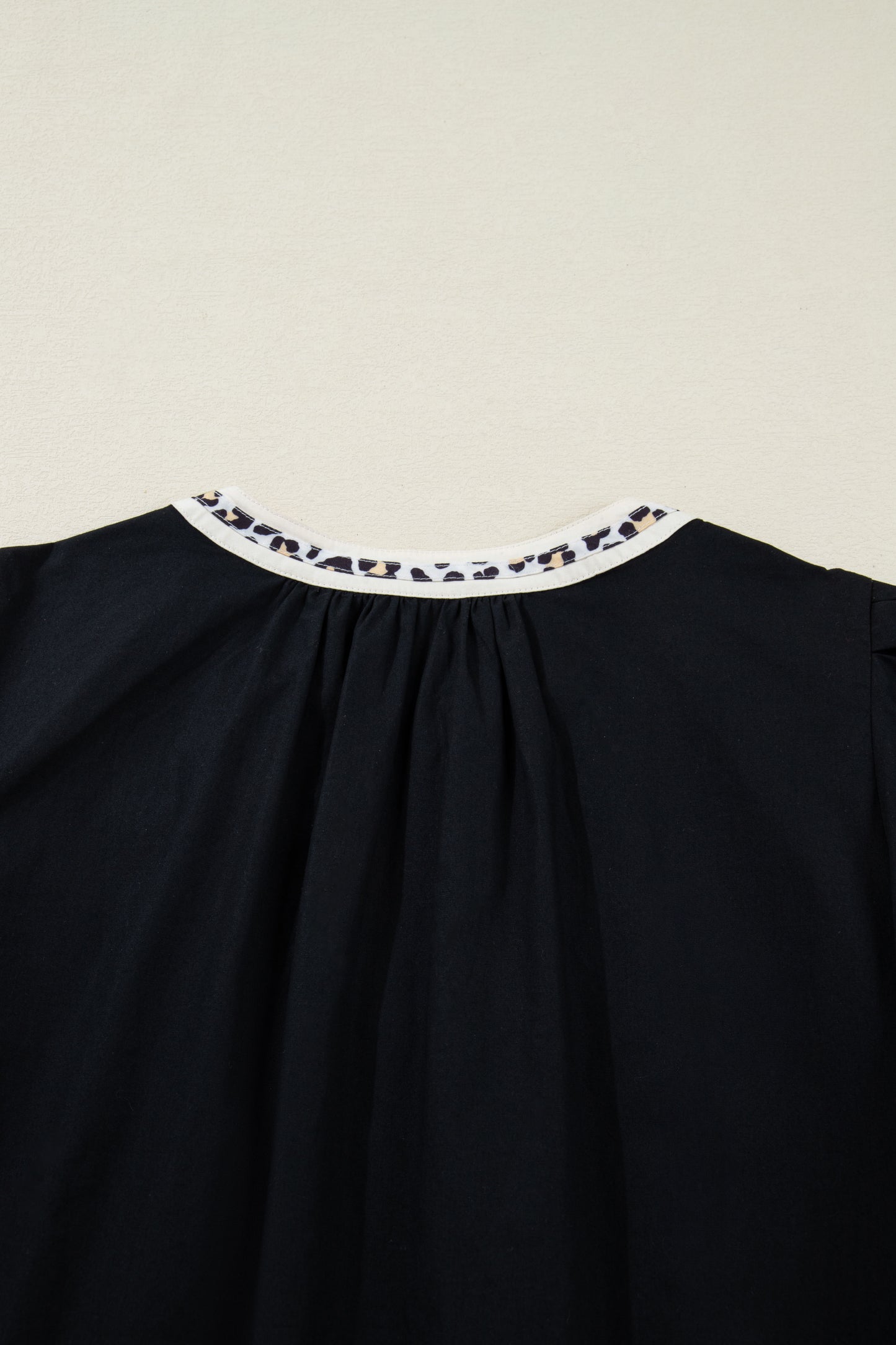 Black Leopard Trim Puff Sleeve Mini Dress