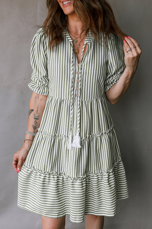 Green Stripe Ruffle Tiered Dress