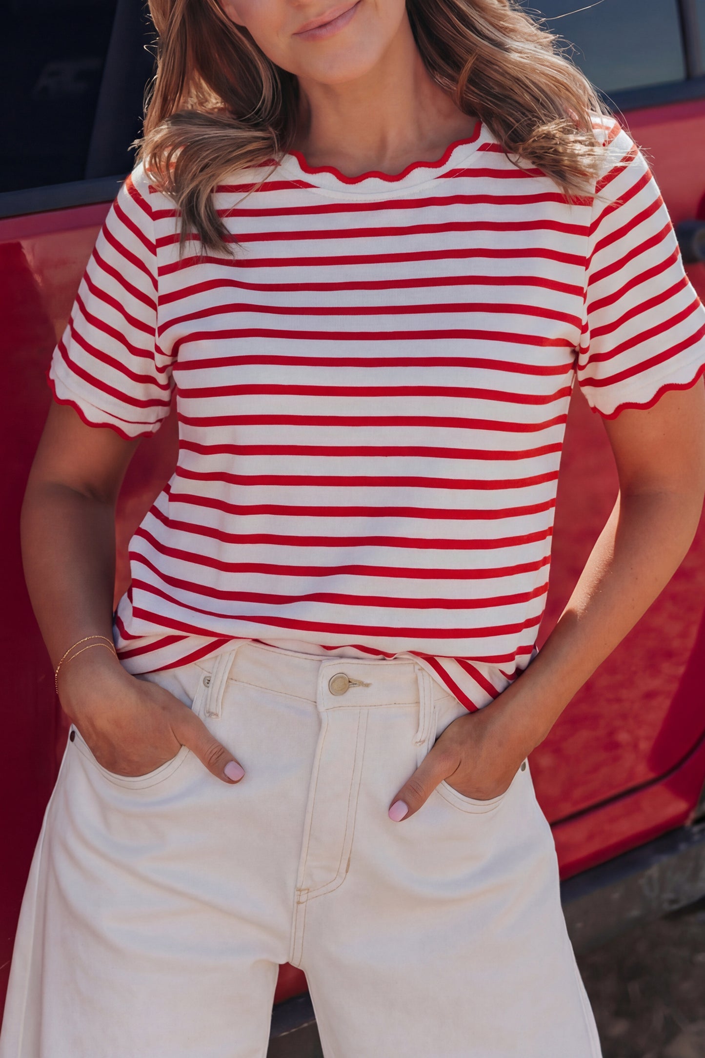 Red Stripe Scalloped Trim Tee
