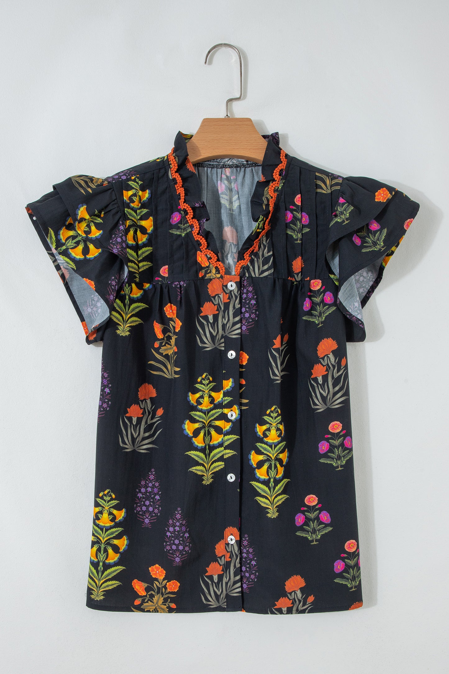 Black Floral Print V Neck Blouse