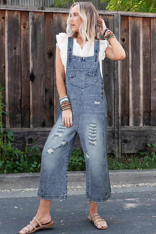 Stone Blue Distressed Denim Overall