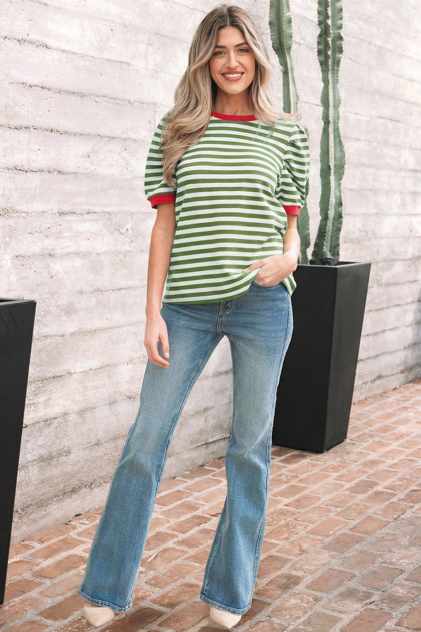 Striped Puff Sleeve Round Neck Tee
