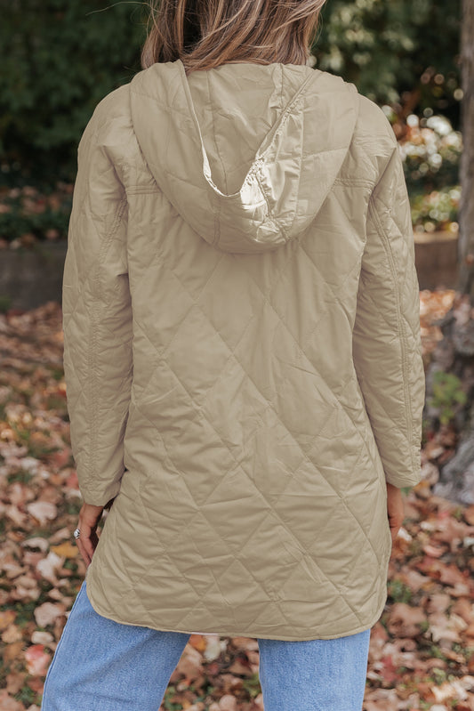 Khaki Snap Button Hooded Puffer Coat