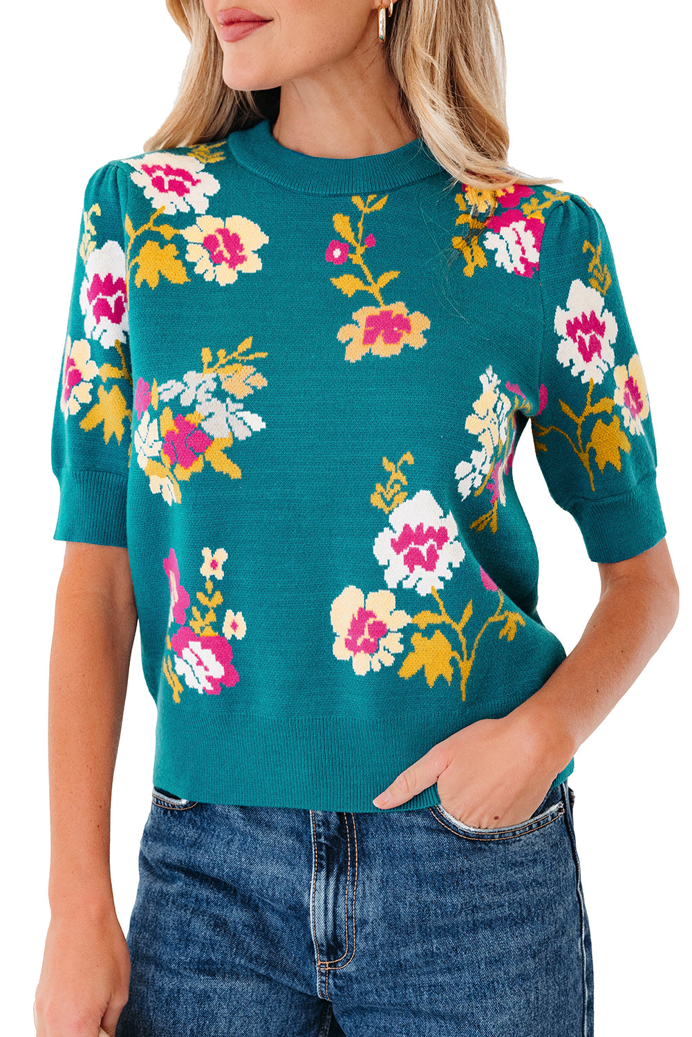 Blue Floral Knitted Top