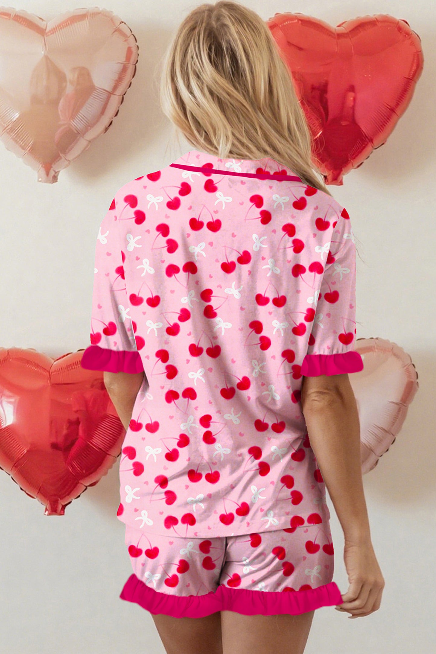 Cherry Print Scalloped Edge Pajama Set
