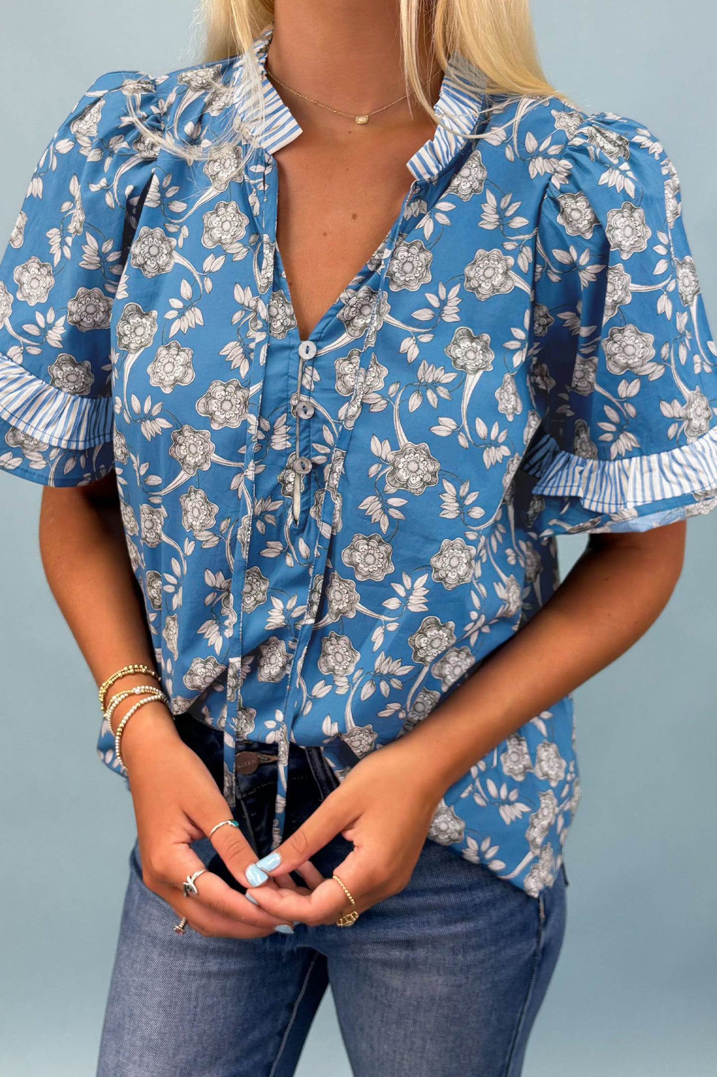 Blue Floral Short Sleeve Blouse