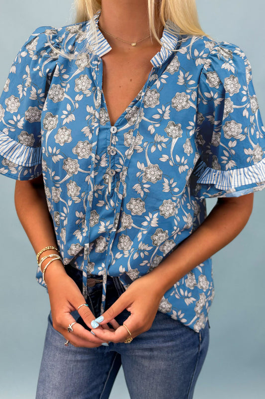 Blue Floral Short Sleeve Blouse