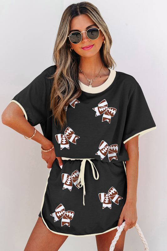 Black Sequined Football Bow Tee and Skort Set