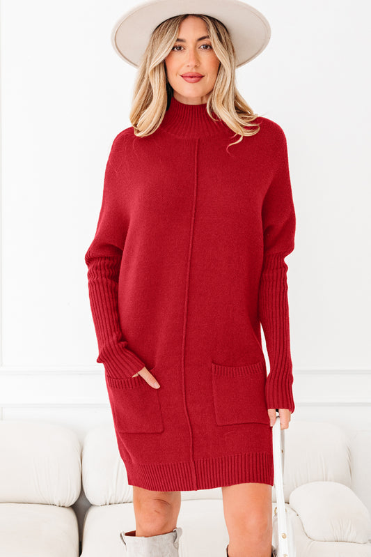 Fiery Red Ribbed Sweater Dress