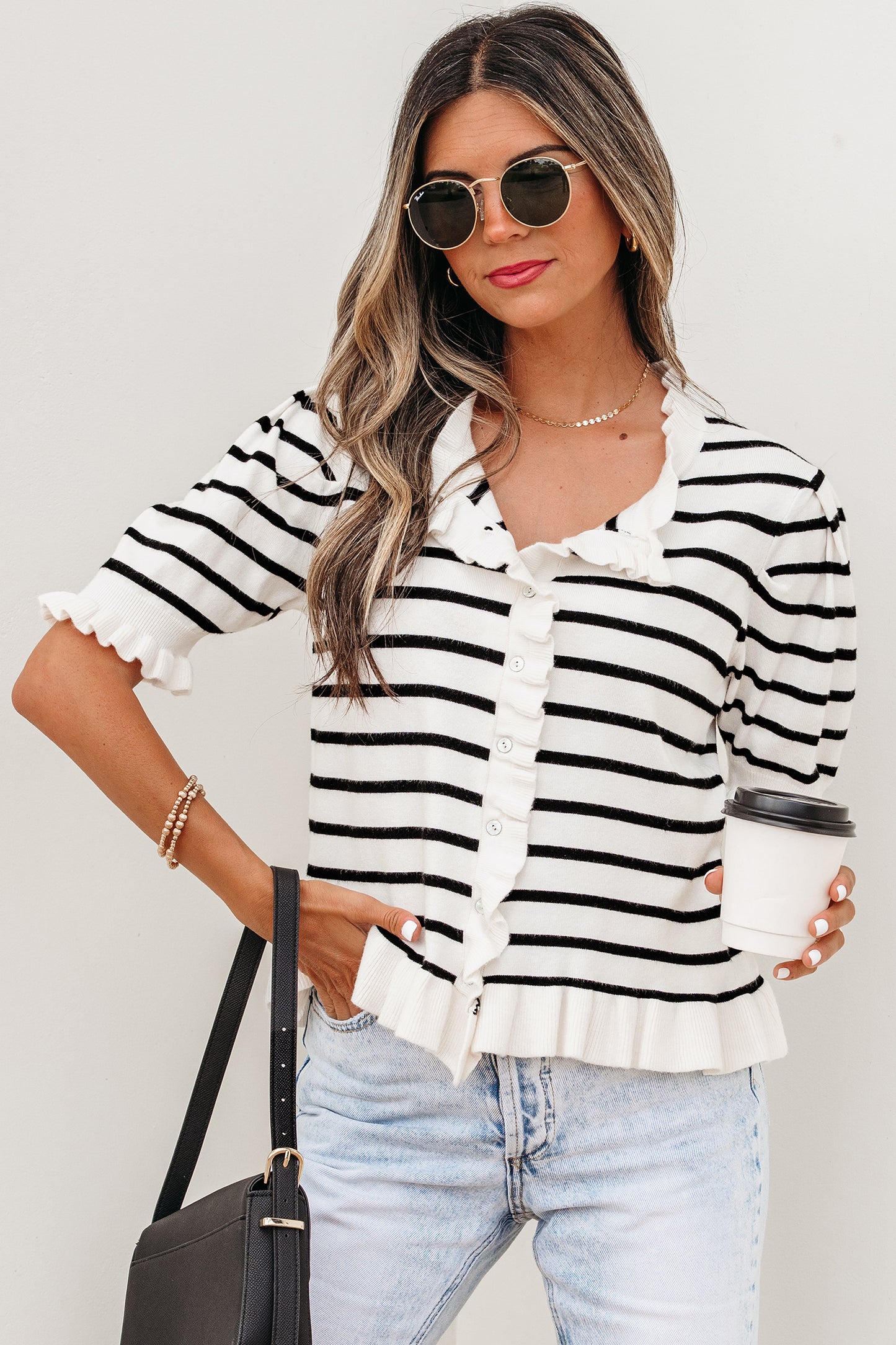Beige Ruffle Trim Sweater Cardigan