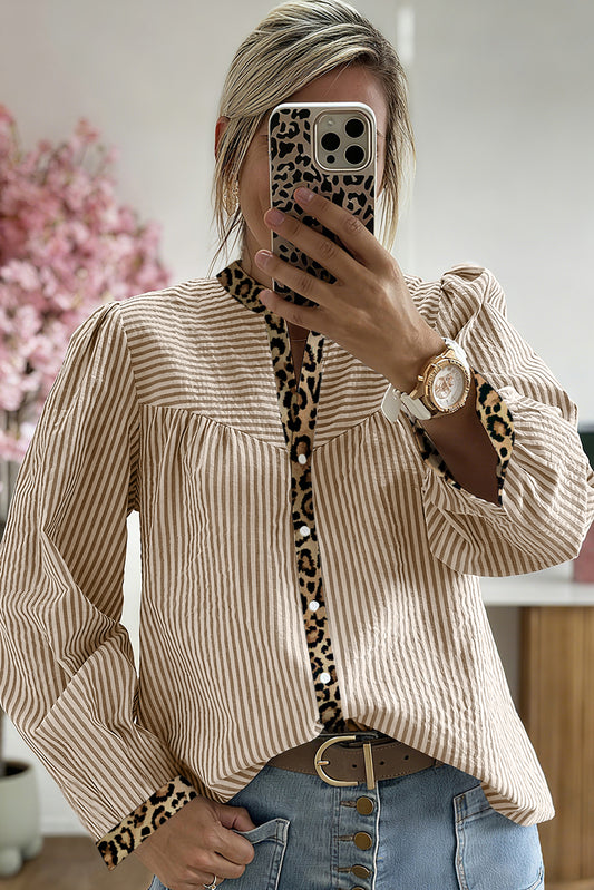 Brown Striped Leopard Trim Long Sleeve Shirt